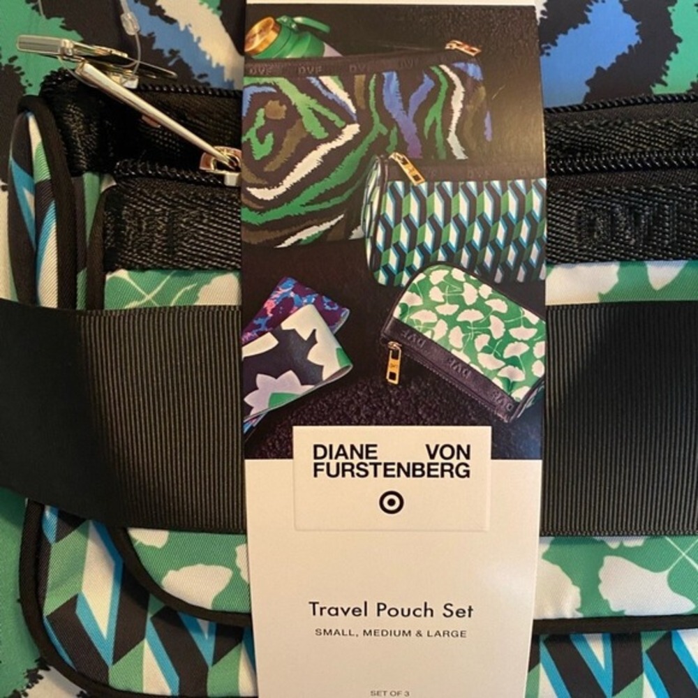 New Diane Von Furstenberg 3 Piece Travel Pouch Set in Blue, Green and Black - Picture 3 of 9
